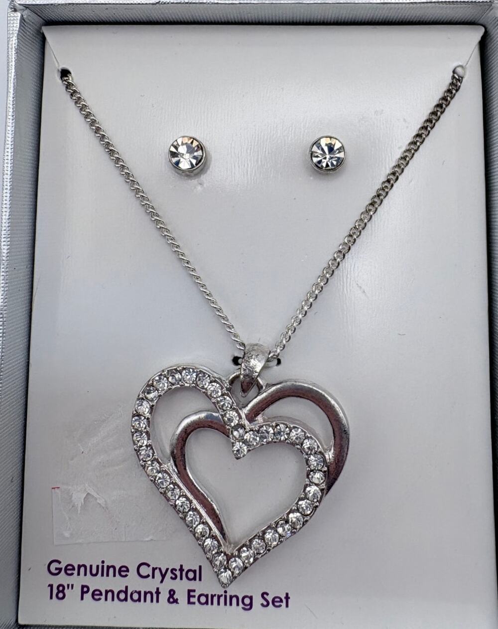 Crystal and Silvertone Double Heart Pendant Necklace 18” and Stud Earrings
